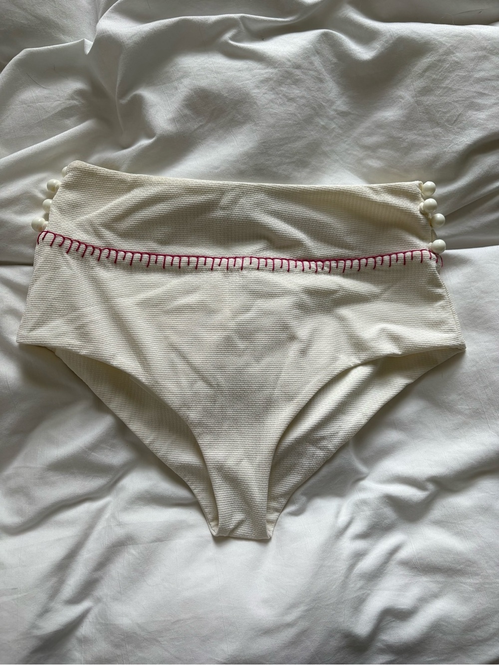 Marysia Swim Cream High-Rise Bikini Bottoms with Pink Stitching